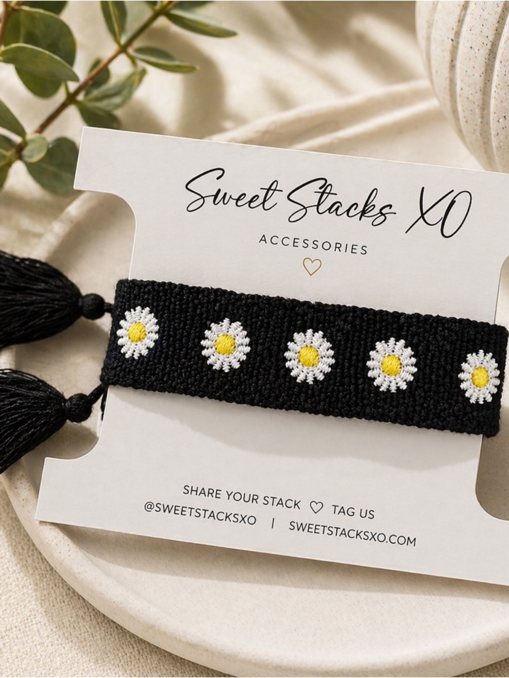 Black Daisy Embroidered Woven Bracelet